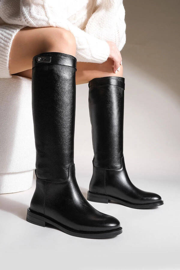 Genuine leather, knee-high, classic Perla black women's boot. - 4