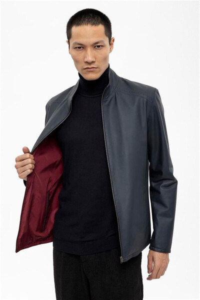 Genuine leather men's jacket, double-sided navy and burgundy color options. - 2