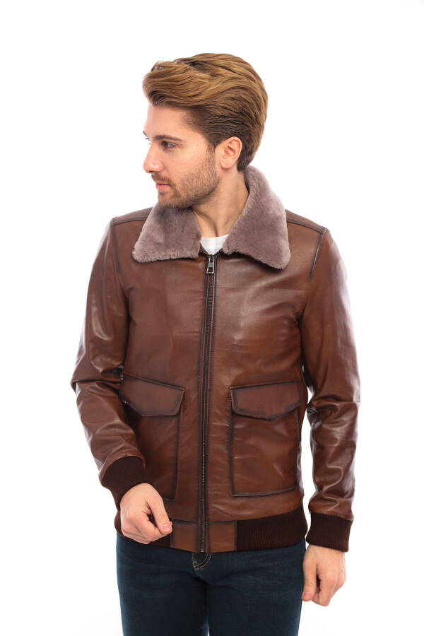 Genuine leather men's jacket with a fur collar. - 3