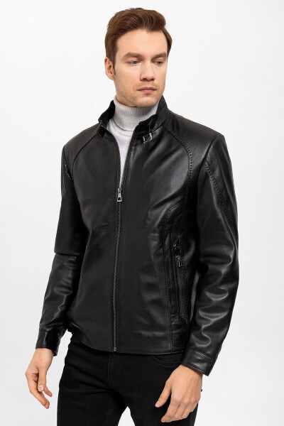 Genuine leather men's jacket with black jade collar buckle. - 2