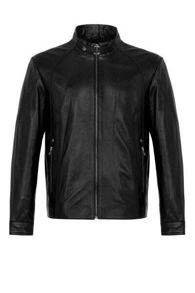 Genuine leather men's jacket with black jade collar buckle. - 7