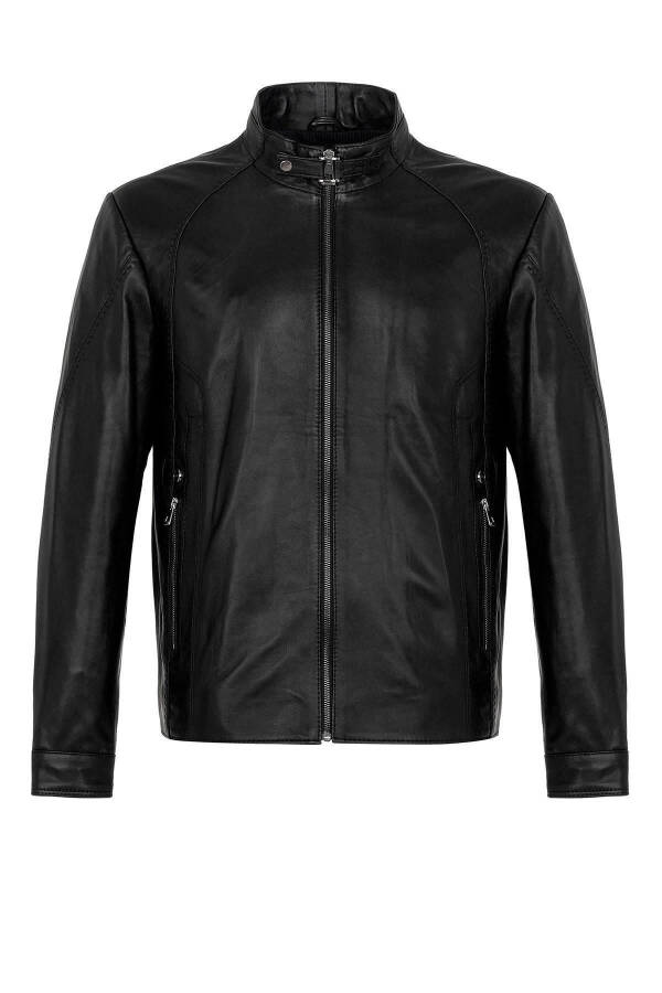 Genuine leather men's jacket with black jade collar buckle. - 7