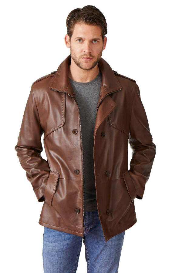 Genuine leather men's jacket with epaulets, buttoned lining and pockets. - 1