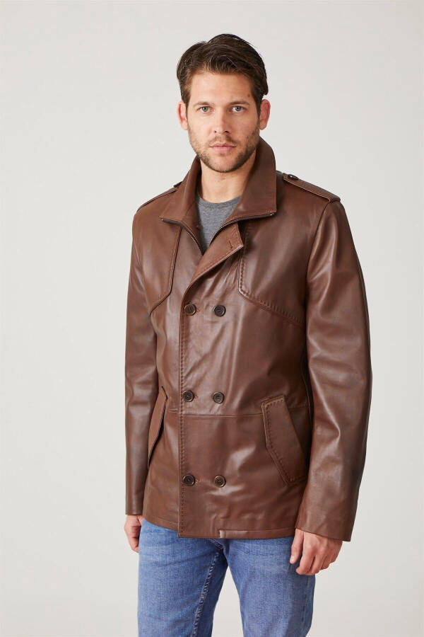 Genuine leather men's jacket with epaulets, buttoned lining and pockets. - 2