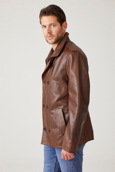 Genuine leather men's jacket with epaulets, buttoned lining and pockets. - 3