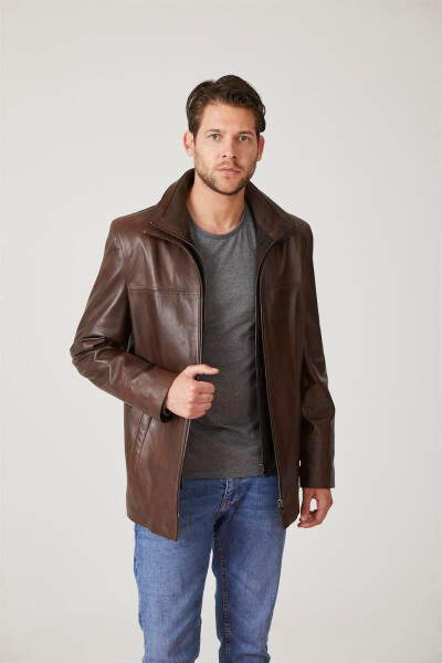 Genuine leather men's jacket, zipper closure, knit collar. - 1