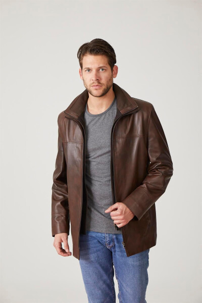 Genuine leather men's jacket, zipper closure, knit collar. - 3