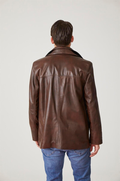 Genuine leather men's jacket, zipper closure, knit collar. - 4