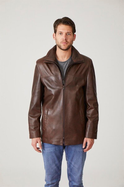 Genuine leather men's jacket, zipper closure, knit collar. - 5