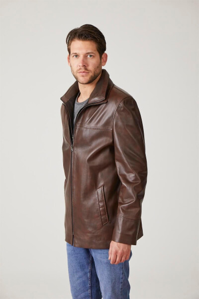 Genuine leather men's jacket, zipper closure, knit collar. - 6