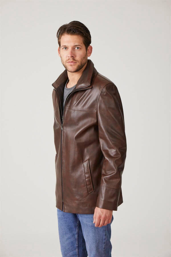 Genuine leather men's jacket, zipper closure, knit collar. - 6