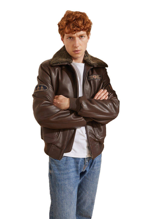 Genuine leather pilot jacket, fur collar, Dustin collar. - 1