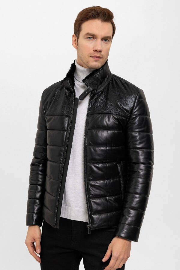 Genuine leather, short, lapel collar men's coat. - 1