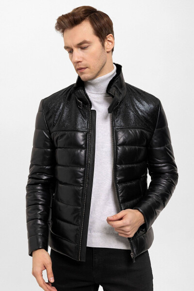 Genuine leather, short, lapel collar men's coat. - 3