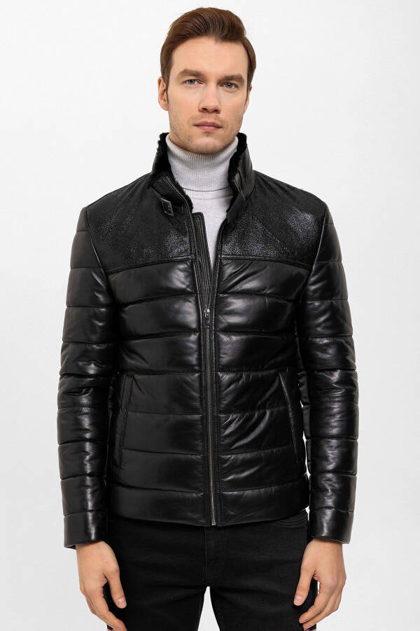 Genuine leather, short, lapel collar men's coat. - 4