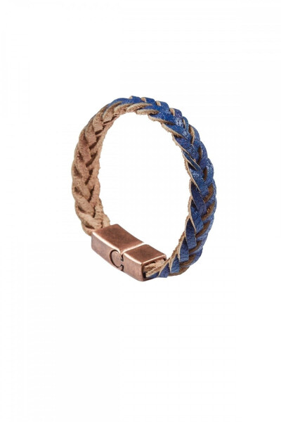 Genuine leather woven bracelet, blue coffee color. - 1