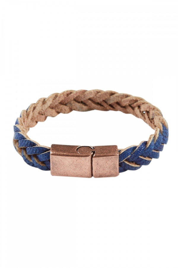 Genuine leather woven bracelet, blue coffee color. - 2