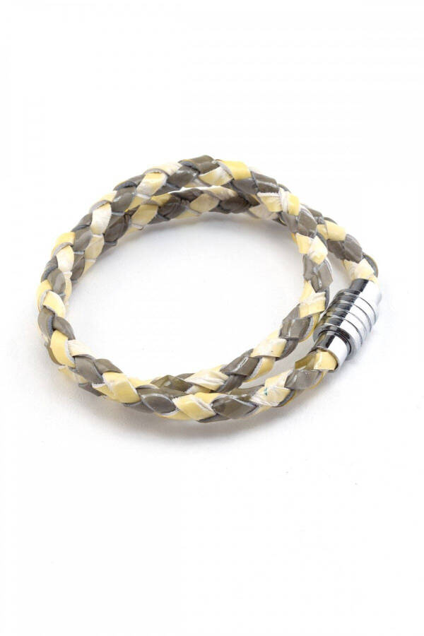 Genuine leather woven bracelet, green and yellow colors, with magnetic closure. - 1