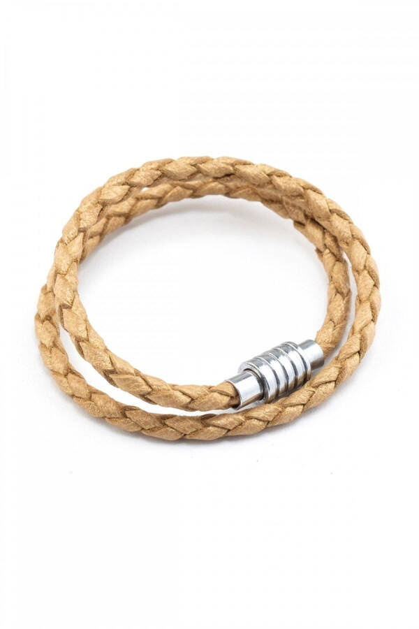 Genuine leather woven bracelet with magnetic closure, straw yellow. - 1