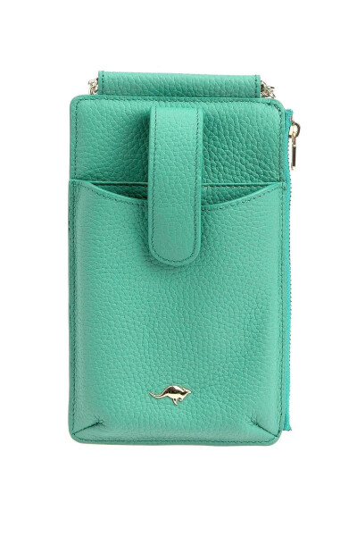 Genuine leather, zippered, green gold chain strap, phone and card slot women's wallet bag. - 3