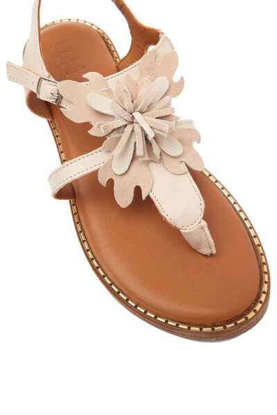 Genuine suede, floral, thong, coffee leather, ankle strap women's sandal. - 4