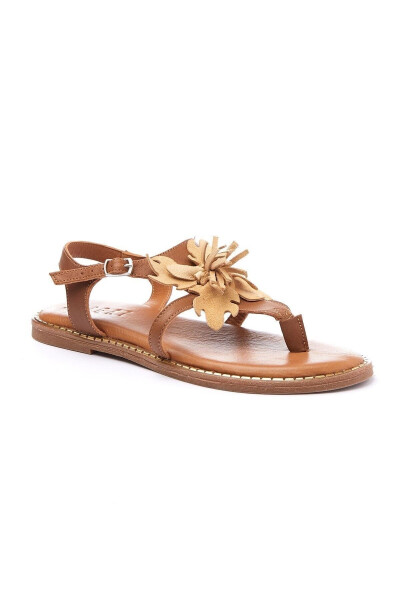 Genuine suede, flower-shaped toe post, coffee genuine leather ankle strap women's sandal. - 1