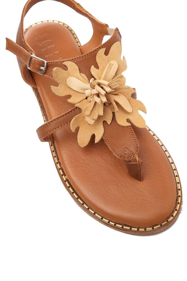 Genuine suede, flower-shaped toe post, coffee genuine leather ankle strap women's sandal. - 4