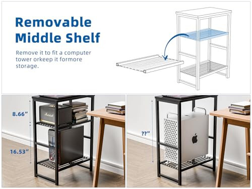 GEORIS Printer Stand Holder 3 Tier - Heavy Duty Metal Shelving Unit for Under Desk Printer Storage Office Organizer, Industrial Printer Side Table with Wood Desktop for Scanner Fax Machine Black - 7