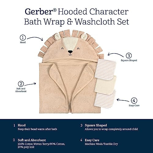 Gerber Baby 4 Piece Animal Character Hooded Towel and Washcloth Set, Brown Lion, One Size - 6