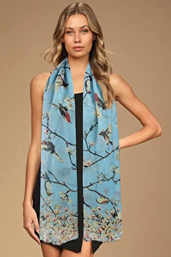 GERINLY Scarfs for Women Lightweight Floral Birds Print Cotton Scarves and Wraps for Summer Shawl - 3