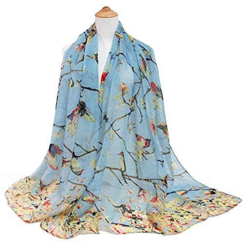 GERINLY Scarfs for Women Lightweight Floral Birds Print Cotton Scarves and Wraps for Summer Shawl - 8