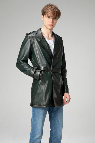 Getafe Men's Double Breasted Real Leather Trench Coat Green - 3