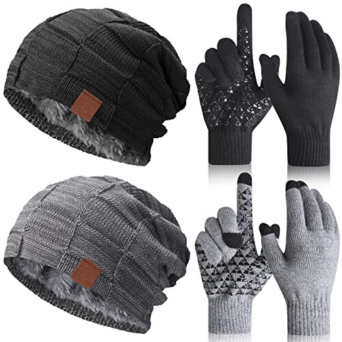 Geyoga 4 Pack Winter Hats for Men Beanie and Gloves Set, Winter Slouchy Beanie Hat Warm Gloves Lined Knit Thick - 1