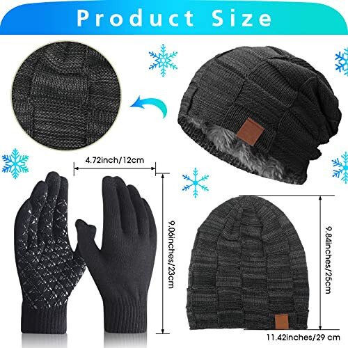 Geyoga 4 Pack Winter Hats for Men Beanie and Gloves Set, Winter Slouchy Beanie Hat Warm Gloves Lined Knit Thick - 2