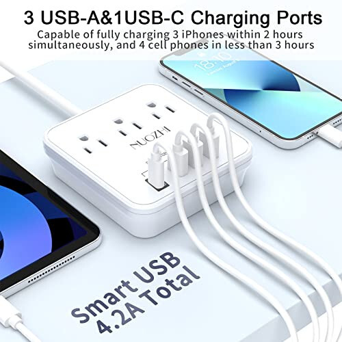 Gezi Essentials, 3 Çıkışlı ve 4 USB Bağlantı Noktası (1 USB C) ile 6 Ft Güç Şeridi, Gemi, Seyahat, Ev Ofisi İçin Aşırı Akım Koruyucusuz, ETL Onaylı, Beyaz - 4