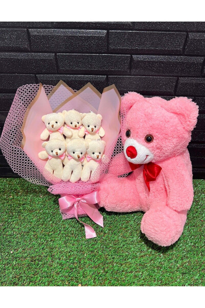 Gift for Girlfriend - 35cm Pink Teddy Bear and 6 Teddy Bear Bouquet - Birthday Gift - 1