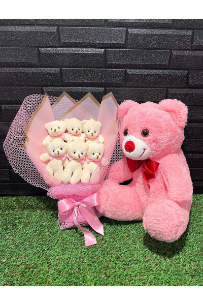 Gift for Girlfriend - 35cm Pink Teddy Bear and 6 Teddy Bear Bouquet - Birthday Gift - 3