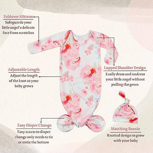 Giggle Angel Newborn Baby Sleeper Gown Knotted Gown Nightgown Coming Home Outfits for Baby Girl 2-Piece Gown and Hat Set - 44