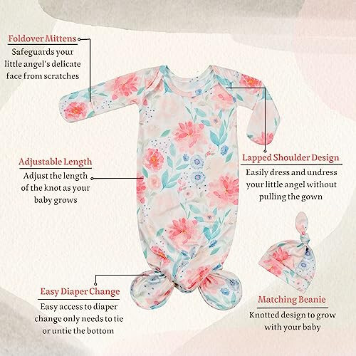 Giggle Angel Newborn Baby Sleeper Gown Knotted Gown Nightgown Coming Home Outfits for Baby Girl 2-Piece Gown and Hat Set - 49