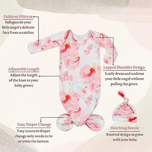 Giggle Angel Newborn Baby Sleeper Gown Knotted Gown Nightgown Coming Home Outfits for Baby Girl 2-Piece Gown and Hat Set - 37