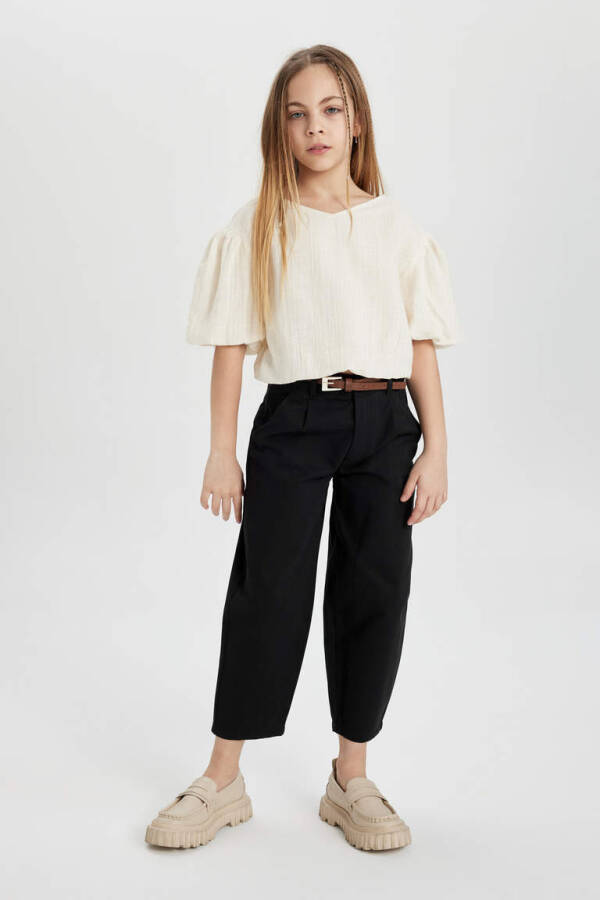 Girls' Barrel Fit Wide Leg Cotton Belted Trousers Black - 2