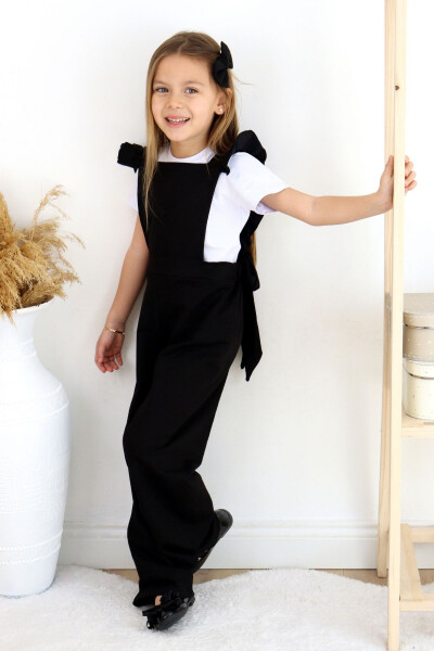 Girls Berlin Black Cotton Frilled Tie Detail Jumpsuit Salopette Buckle Set - 19