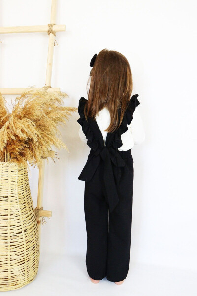 Girls Berlin Black Cotton Frilled Tie Detail Jumpsuit Salopette Buckle Set - 7