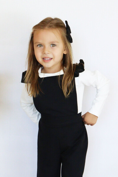 Girls Berlin Black Cotton Frilled Tie Detail Jumpsuit Salopette Buckle Set - 8