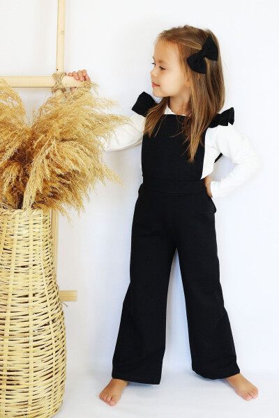 Girls Berlin Black Cotton Frilled Tie Detail Jumpsuit Salopette Buckle Set - 1