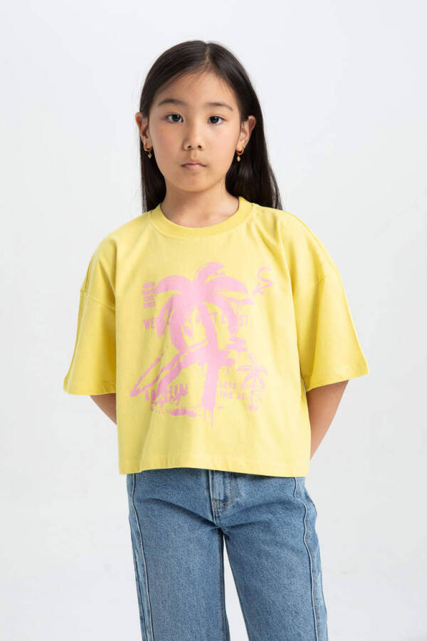 Girl's Bike Neck Printed Short Sleeve T-Shirt Yellow - 1