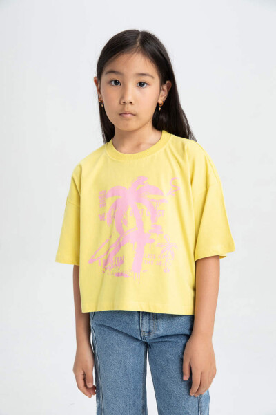 Girl's Bike Neck Printed Short Sleeve T-Shirt Yellow - 3