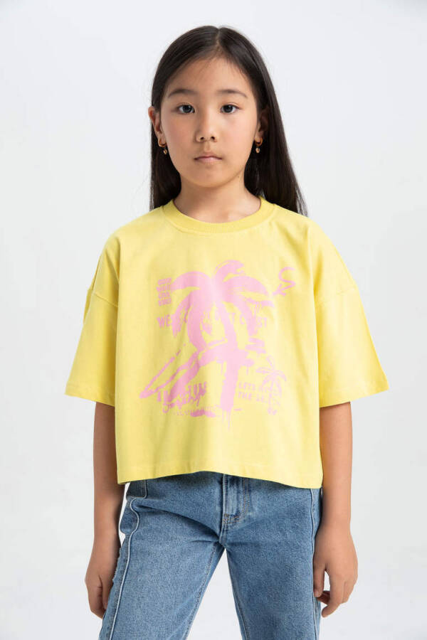 Girl's Bike Neck Printed Short Sleeve T-Shirt Yellow - 4