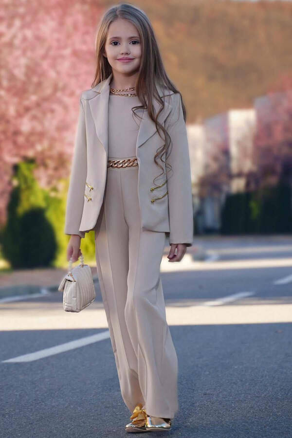 Girls' Blazer Jacket and Chain Detail Beige Jumpsuit - 1