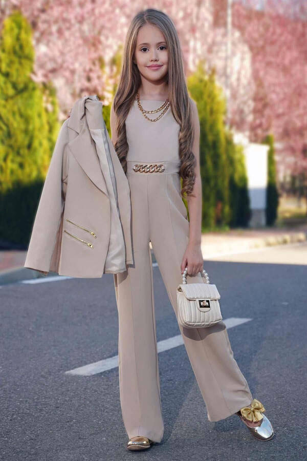 Girls' Blazer Jacket and Chain Detail Beige Jumpsuit - 2